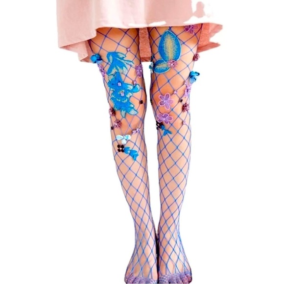 𝅺PURPLE BLUE AND GOLD FLORAL EMBROIDERED FISHNETS WITH SEQUINS AND RHINESTONES - Picture 3 of 7